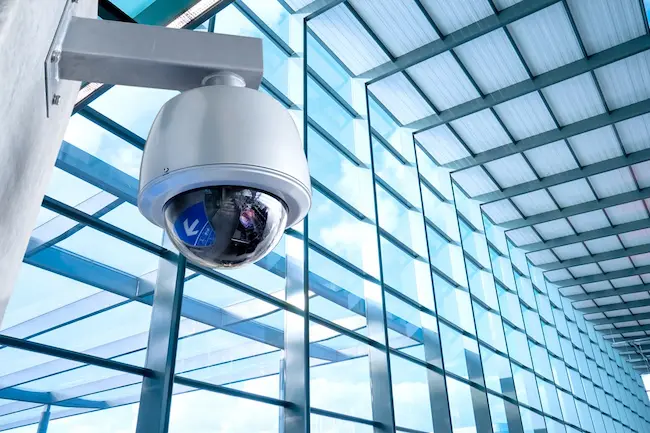 A video camera installed by Commercial fire and Security, monitoring a large area.